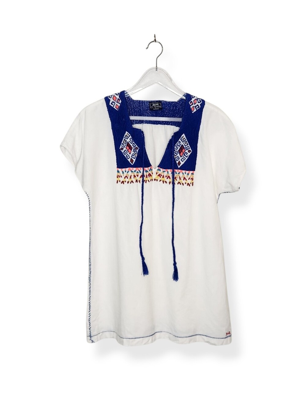 VIntage Le Tigre White Short Sleeve Top with Blue Embroidered Yoke Size Large